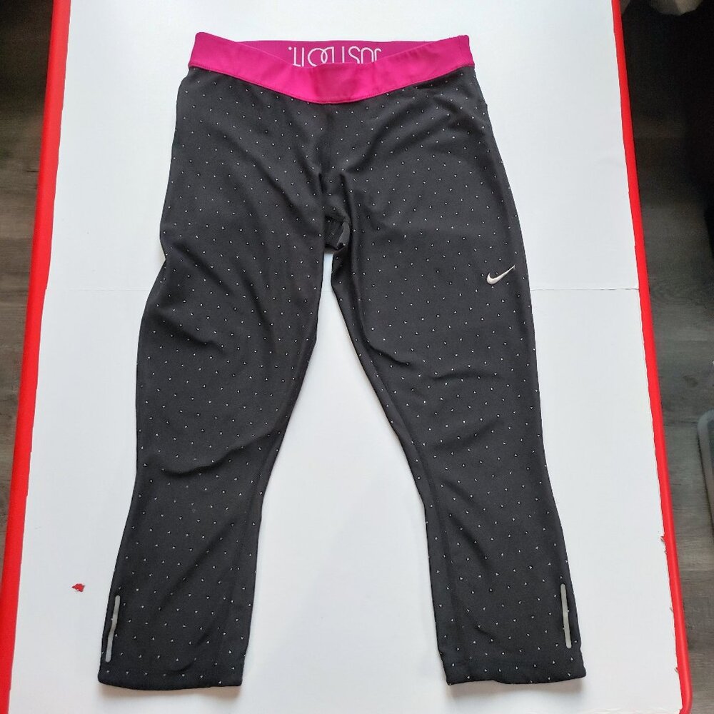 Nike active wear leggings women's size M black white polka dot w pink waistband